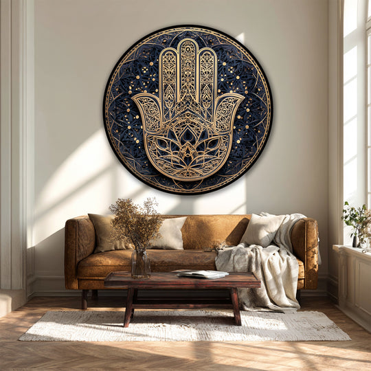 Visual rhythm creates a harmonious balance in the round Hamsa hand and golden mandala details spiritual wall art, made with high quality canvas prints.
