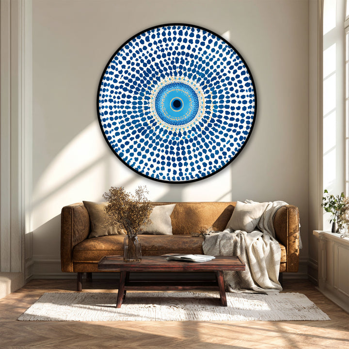 With its rich depth and layers, this round canvas print showcases captivating canvas pictures in a blue evil eye mandala design for protective symbol wall art.