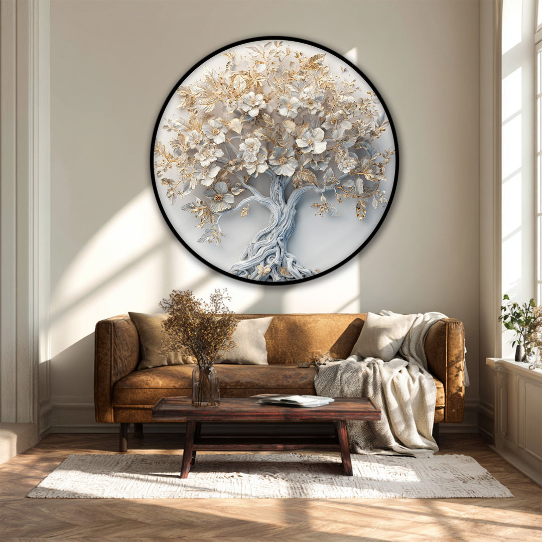 Visual rhythm is created by the repeating blossoms and branches in this elegant golden blossom tree round canvas art prints design, forming a captivating nature-inspired artwork.