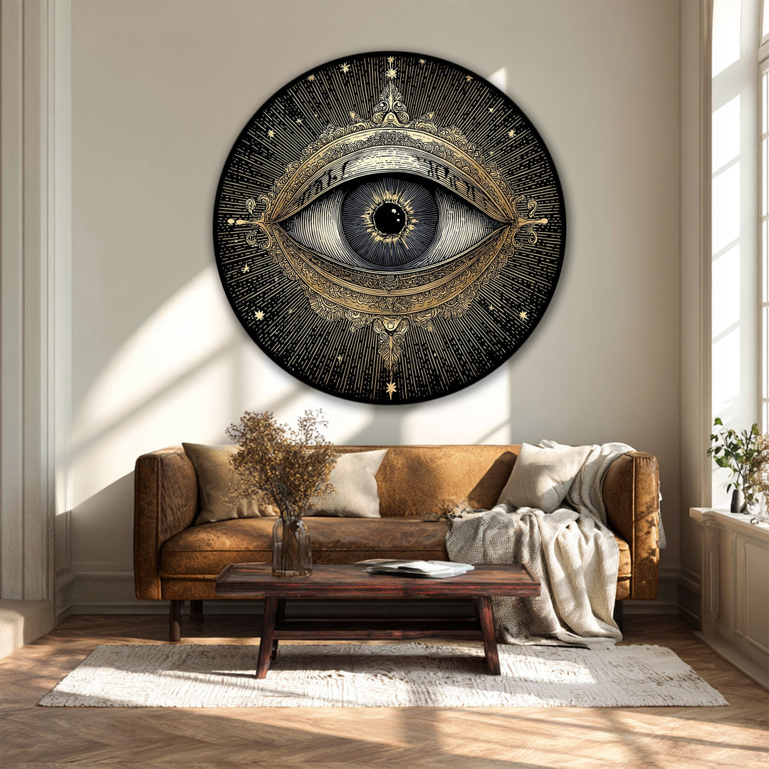 Sunlight spotlights the premium canvas decor on a golden mystic eye round canvas print, emphasizing the vintage celestial wall art's intricate details.