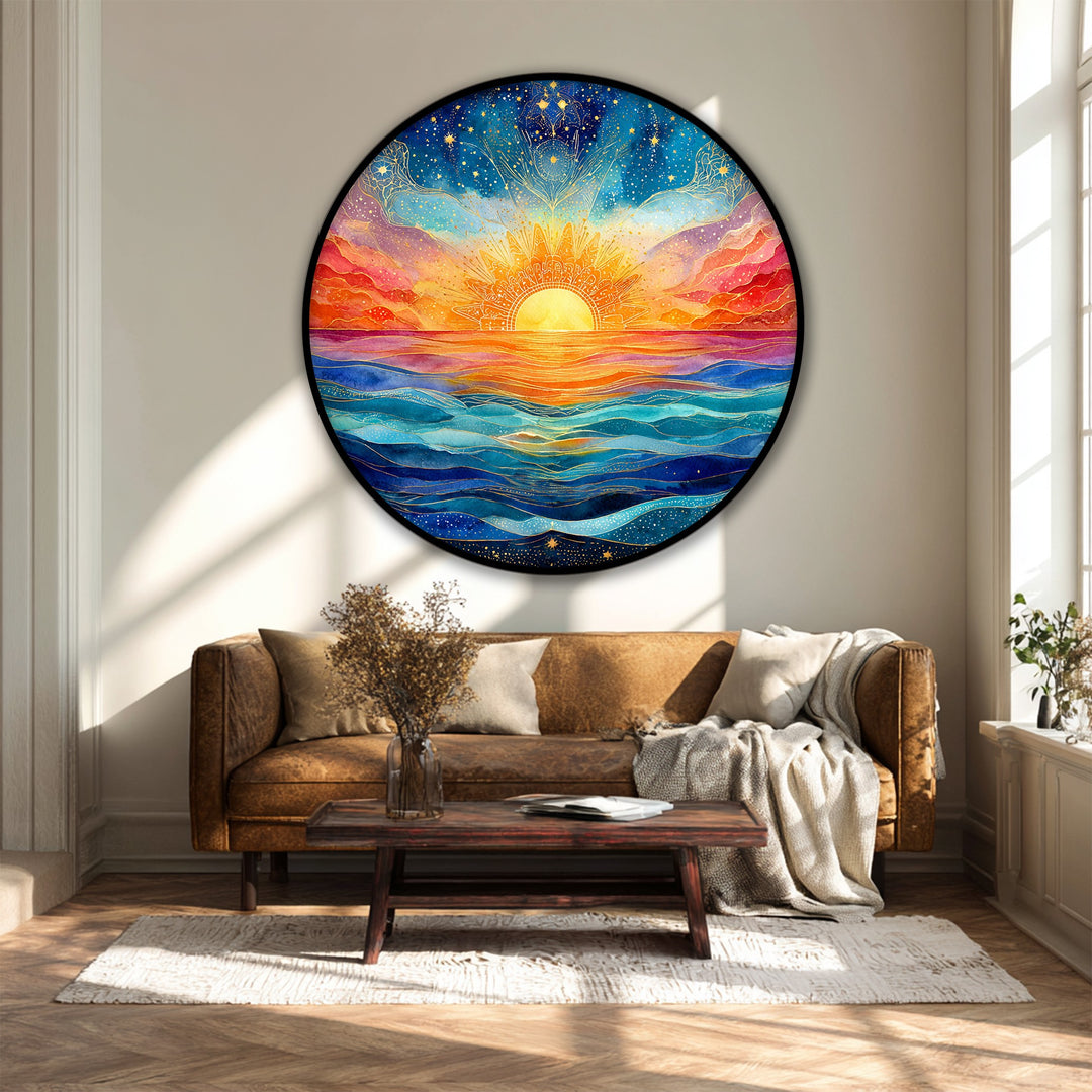 Sunrise Over Ocean Round Canvas Print – Vibrant Spiritual Seascape Wall Art