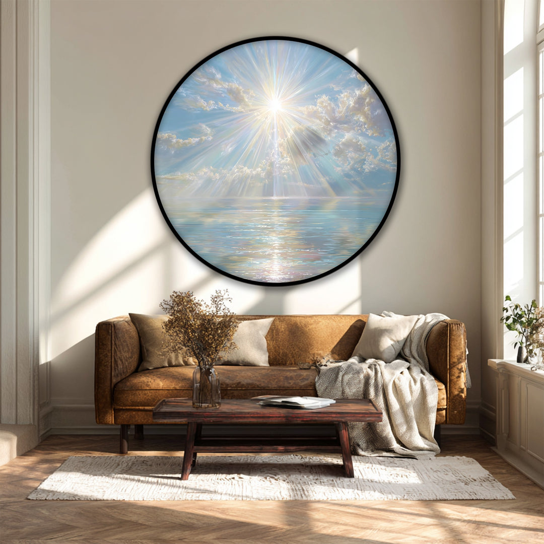 Radiant, shimmering finish on this round canvas wall art depicts the luminous sun rays over a tranquil sea, enhancing this elegant canvas wall art.