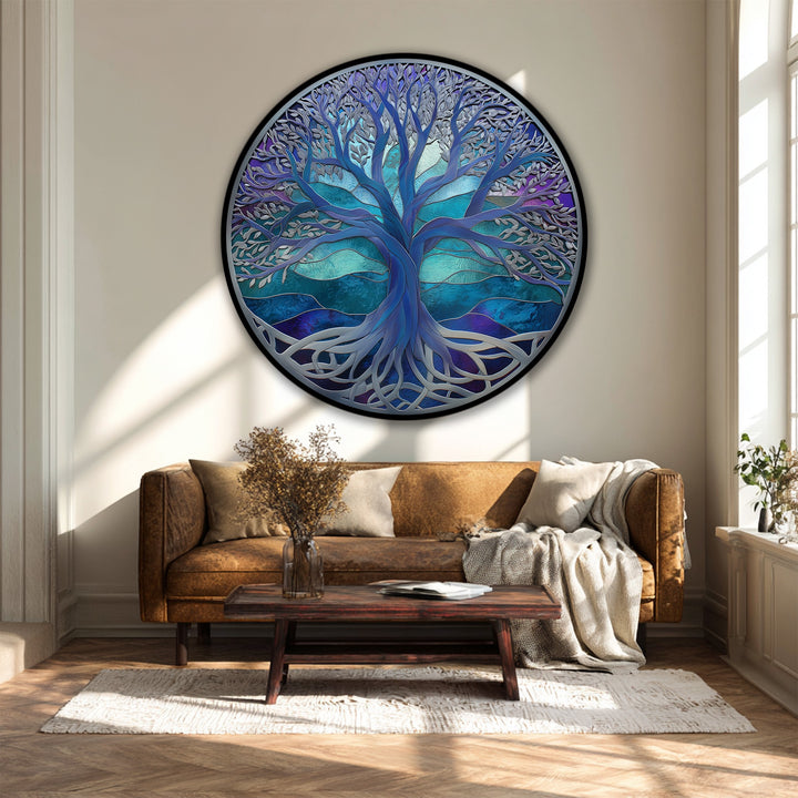 High-quality big canvas prints showcase the fine detailing of this mystic blue tree of life round canvas print, emphasizing the texture and durable build of the abstract nature wall art.