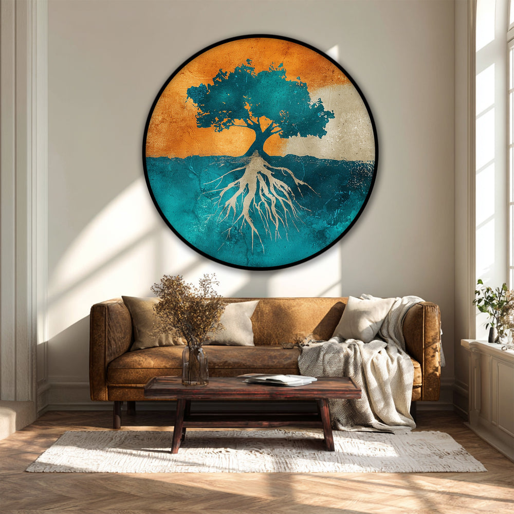 Dominated by teal and ochre hues, the rooted tree silhouette is a stunning framed canvas print depicting abstract nature wall art in a round design.