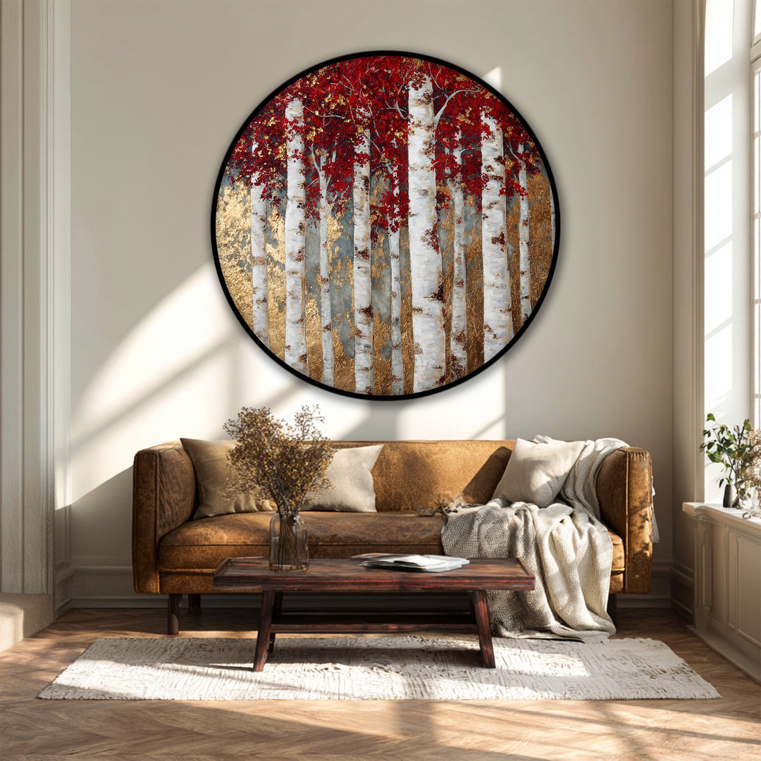 Circular canvas wall decor showcases a golden birch forest scene defined by the geometry of vertical tree trunks and a round frame.