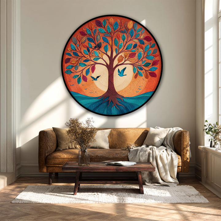 Sunlight and shadow highlight the premium canvas decor of this vibrant Tree of Life print, casting interesting light patterns across the round colorful nature art.