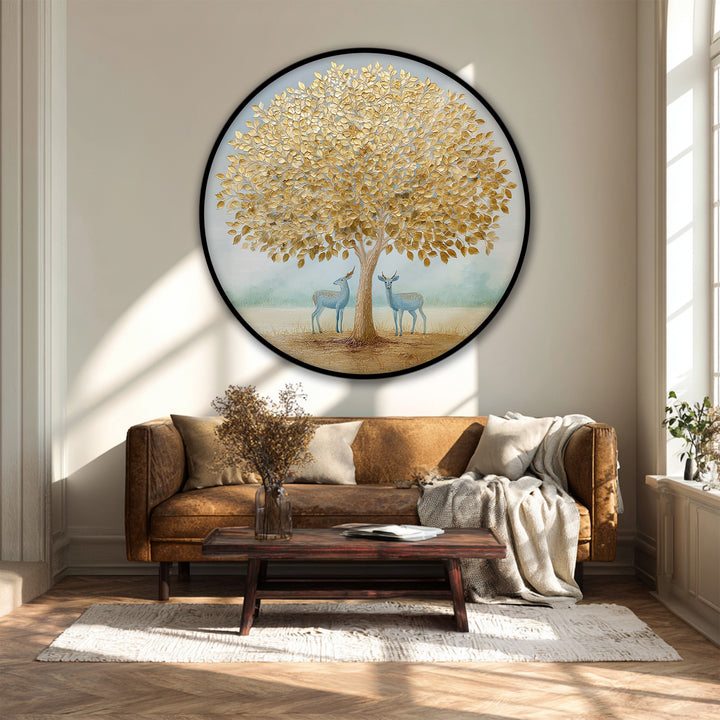 Displaying the elegant nature wildlife in organic forms, the round golden tree and deer hanging canvas art print adds natural beauty to any space.