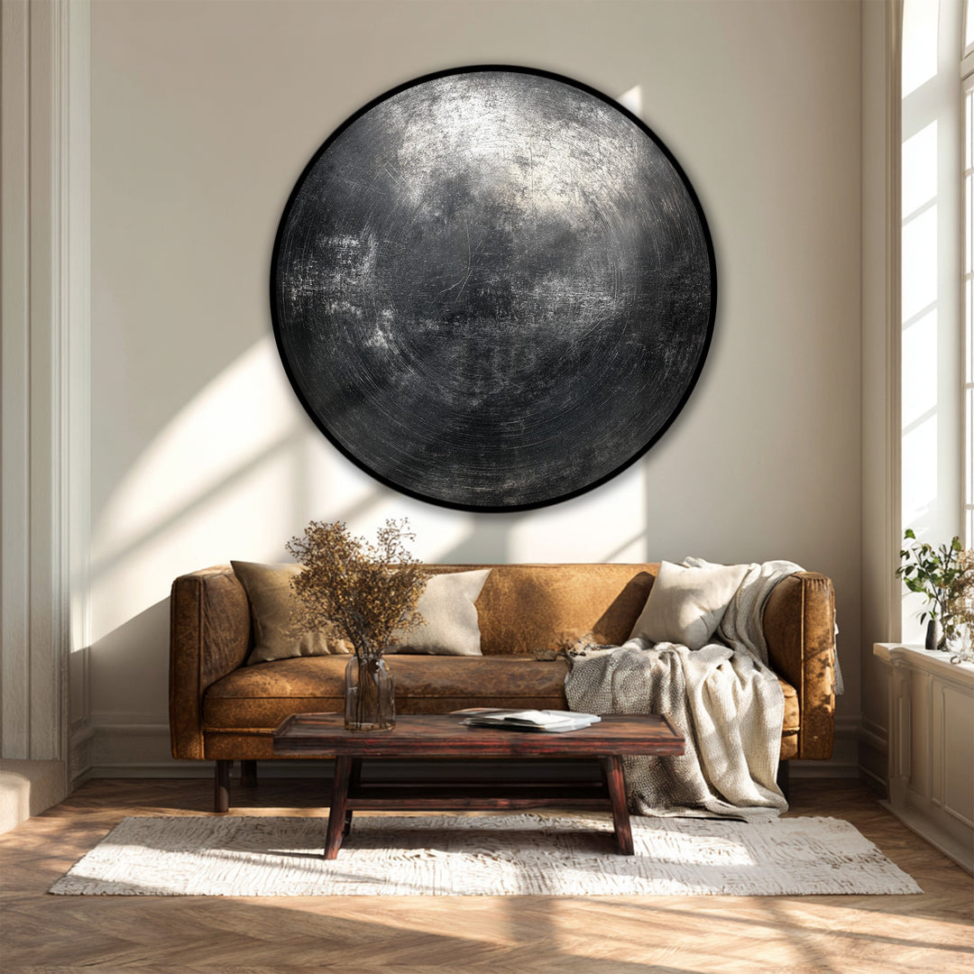 Highlighting its sharp edge and borders, this industrial black textured abstract circle canvas print is a piece of premium canvas decor that offers modern, minimal wall art.