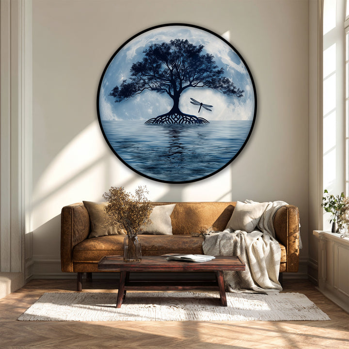 Dramatic color contrast highlights the moonlit tree reflection in this round canvas print, a serene night landscape made with high quality canvas prints that adds a calming effect.