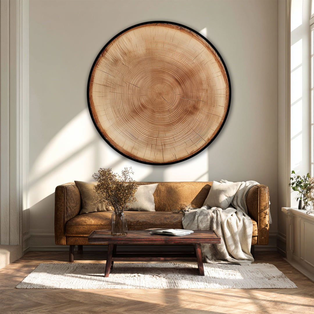 Horizontal, round unique canvas print features a natural wood ring design, showcasing rustic tree trunk wall art.