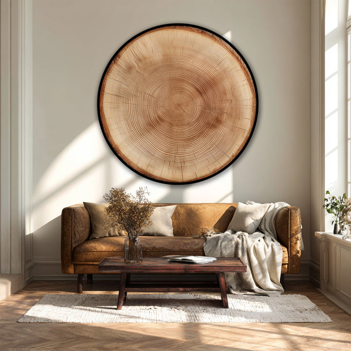 Horizontal, round unique canvas print features a natural wood ring design, showcasing rustic tree trunk wall art.