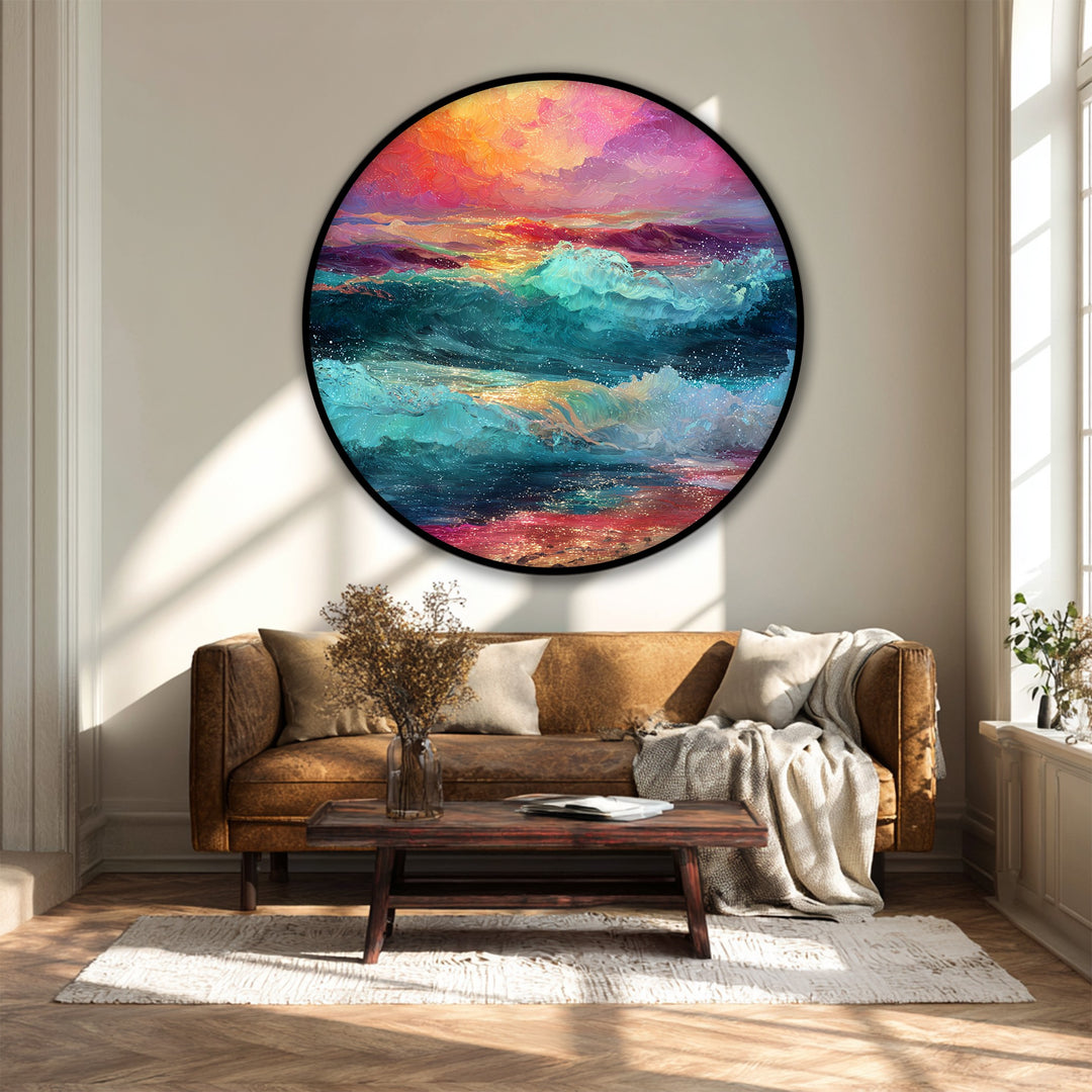 Impression sur toile ronde « Vagues au coucher du soleil éclatantes » –Décoration murale Océan coloré
