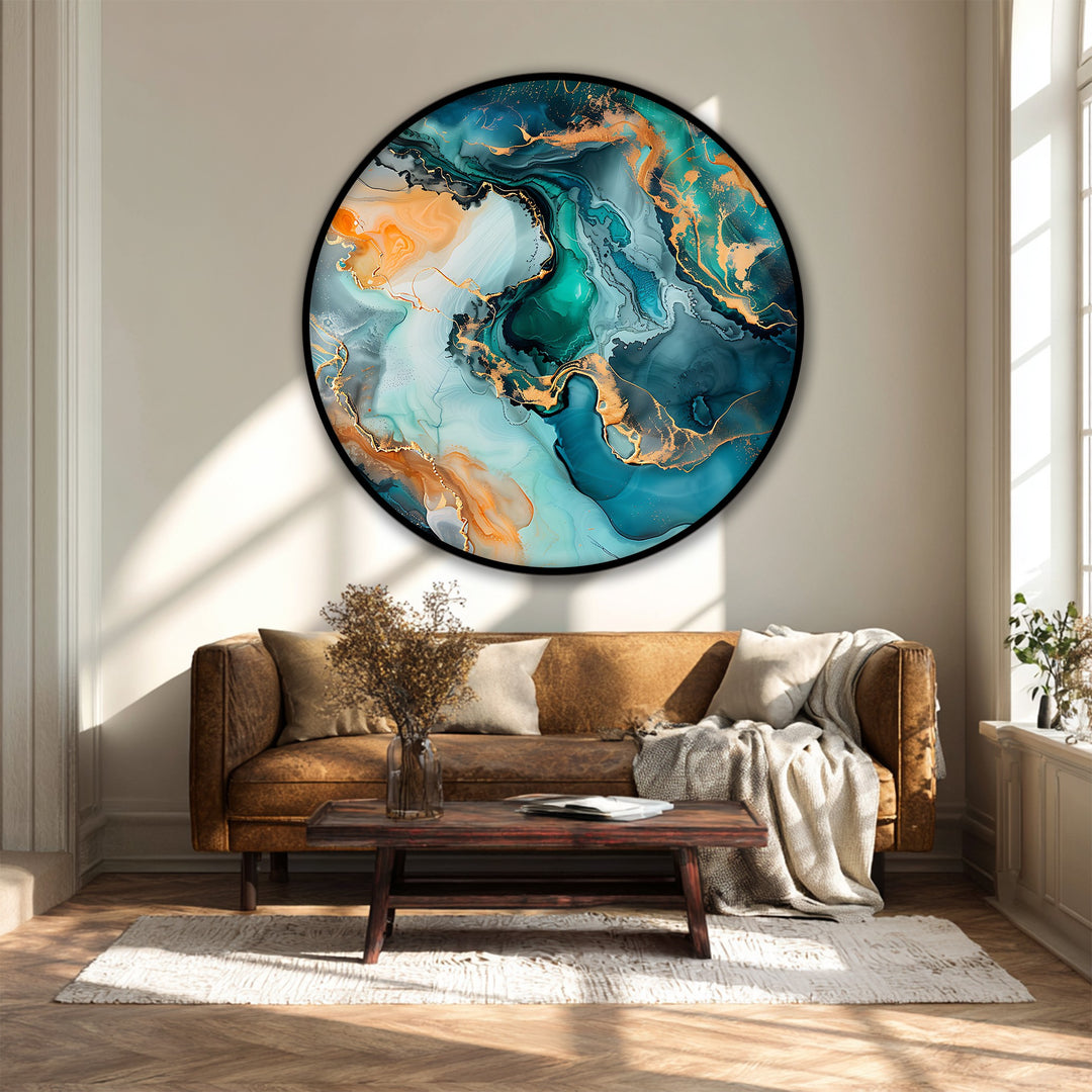 Emerald Flow Abstract Round Canvas Print – Teal & Gold Modern Wall Art