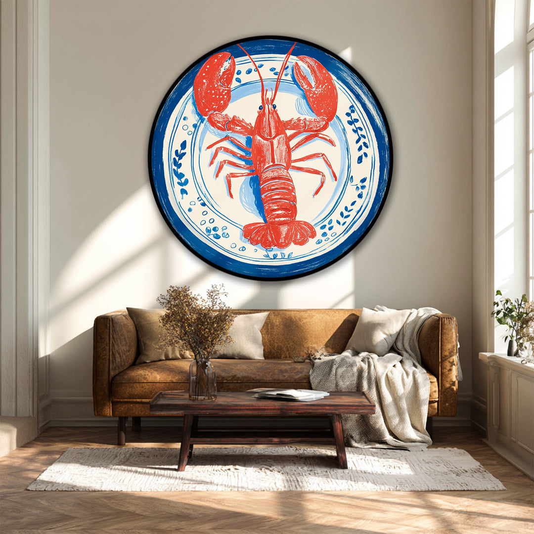 Focal point displays a red lobster on a blue-patterned plate, a unique canvas print offering a coastal kitchen wall art accent.