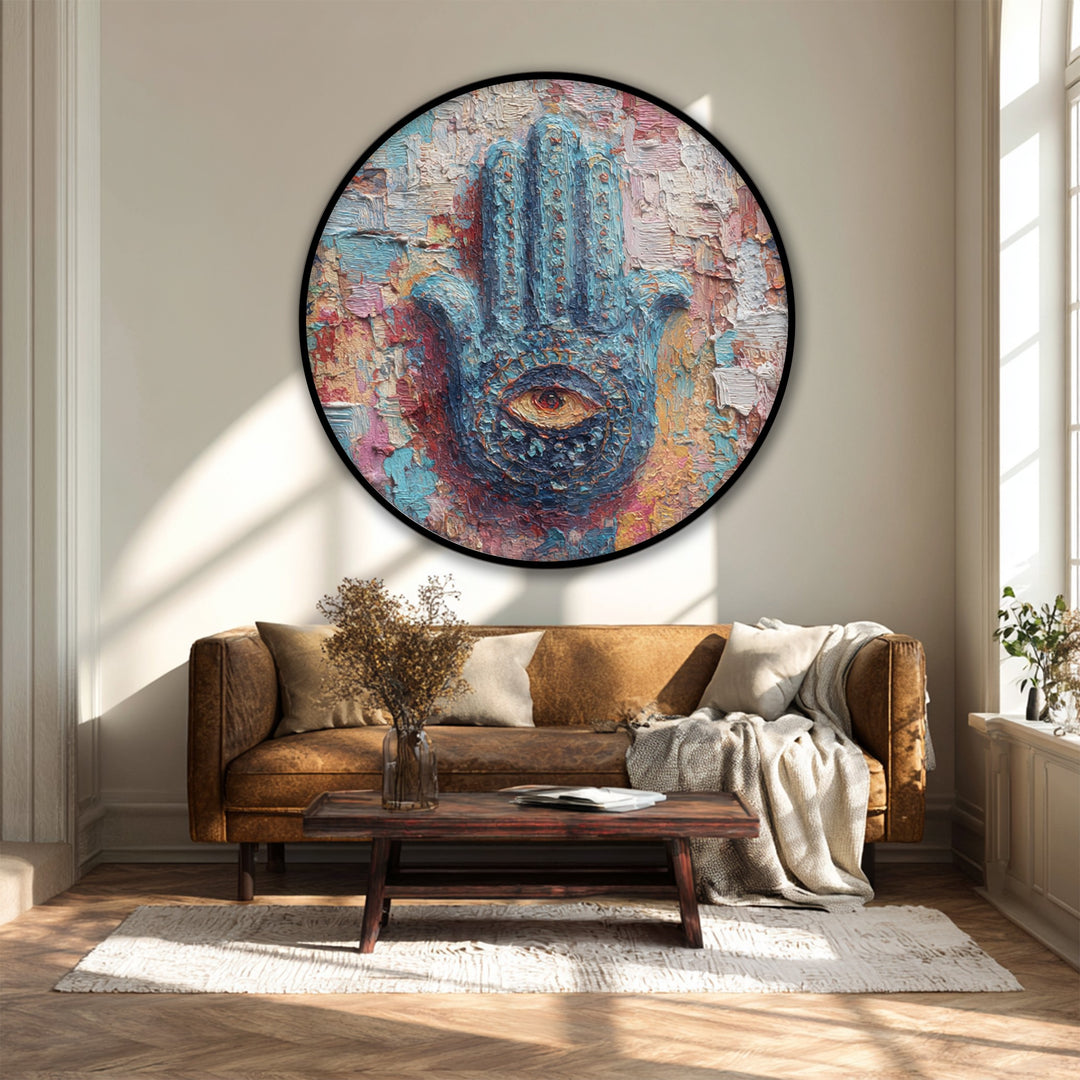 Transitioning hues define this mystic hand of protection round canvas print, a colorful spiritual eye canvas art blending sapphire, rose, and ochre.