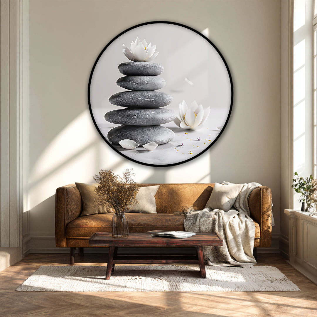Bringing attention with the round canvas featuring zen balance stones and lotus, this high quality canvas prints offers a minimalist spa wall art focal point.