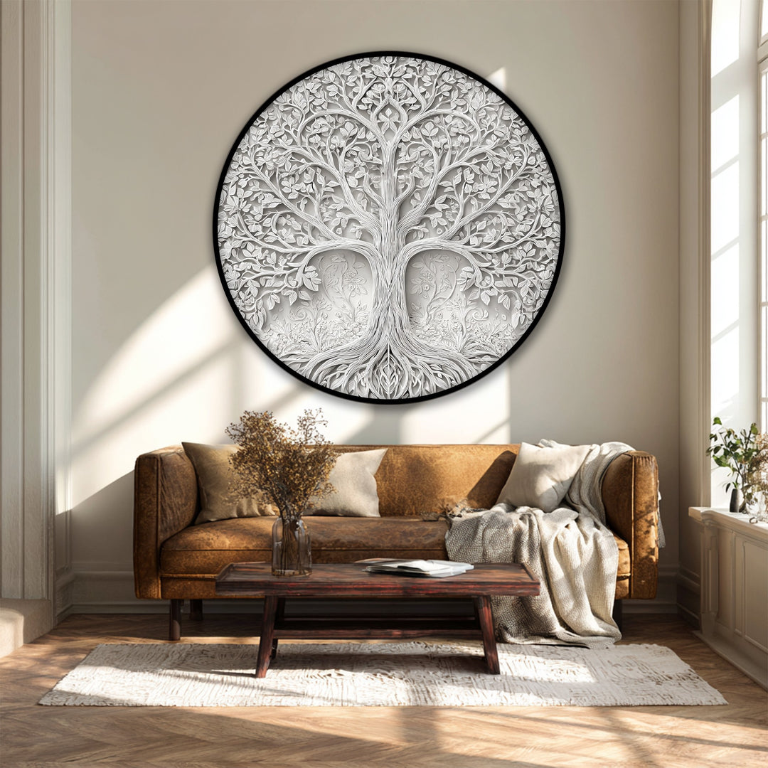 Neutral-toned walls and sunlit windows create a calming background, beautifully complementing the elegant tree of life relief round canvas art in a warm and inviting space.