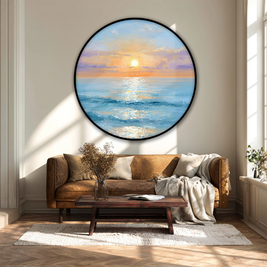Impression sur toile ronde Lever de soleil doré sur l'océan–Décoration murale côtière sereine
