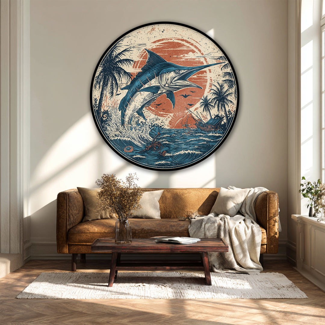 Deep shadows accentuate the round canvas print's vintage marlin and coastal scene, enhancing its appeal as premium canvas decor.