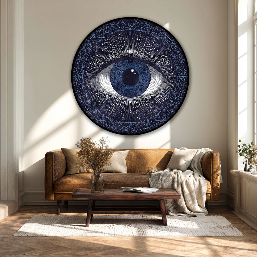 Layers of the cosmic eye design create striking depth in this round canvas wall decor, a celestial abstract artwork that captures the imagination.