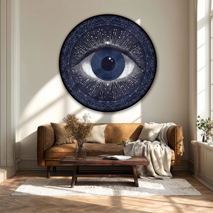 Layers of the cosmic eye design create striking depth in this round canvas wall decor, a celestial abstract artwork that captures the imagination.
