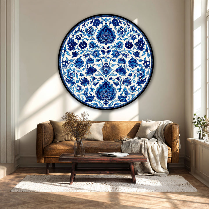 The big canvas prints showcase a striking gradient from crisp white to deep blue in this floral mandala round canvas print.