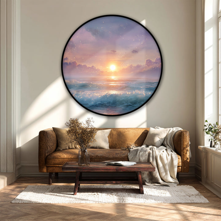 Intricate surface texture brings a tactile quality to the dreamlike sunset seascape in this round canvas artwork, depicting ocean waves and a sparkling sky.