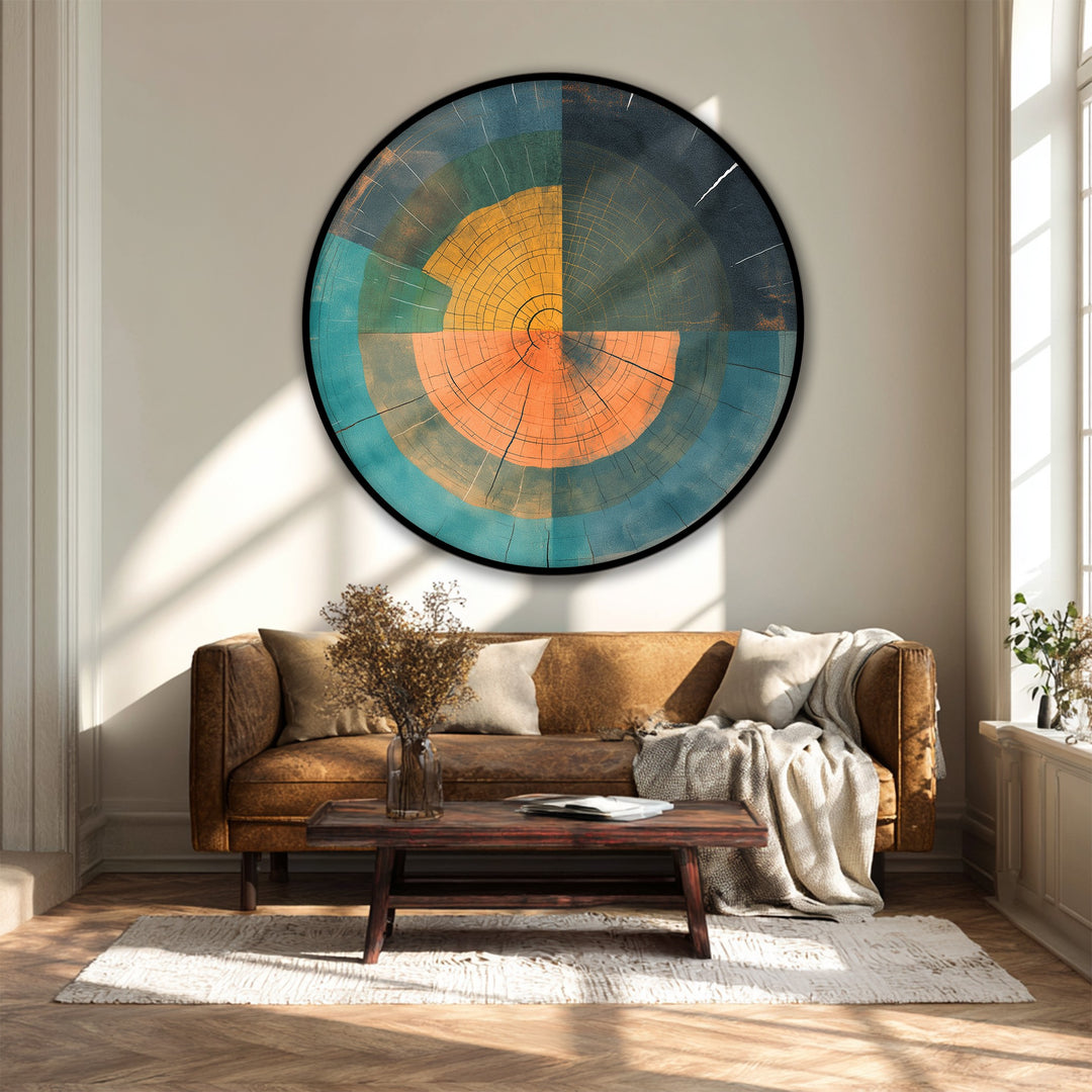 Abstract Wood Ring Geometry Round Canvas Print – Modern Rustic Wall Art