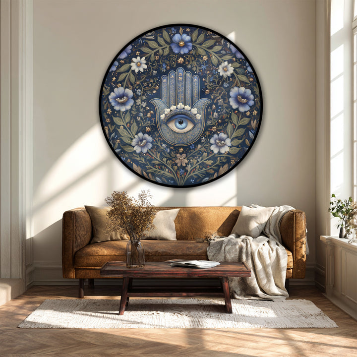 Circular canvas print showcases the floral hamsa eye in a balanced design, highlighting the geometric arrangement for one of the best canvas prints.