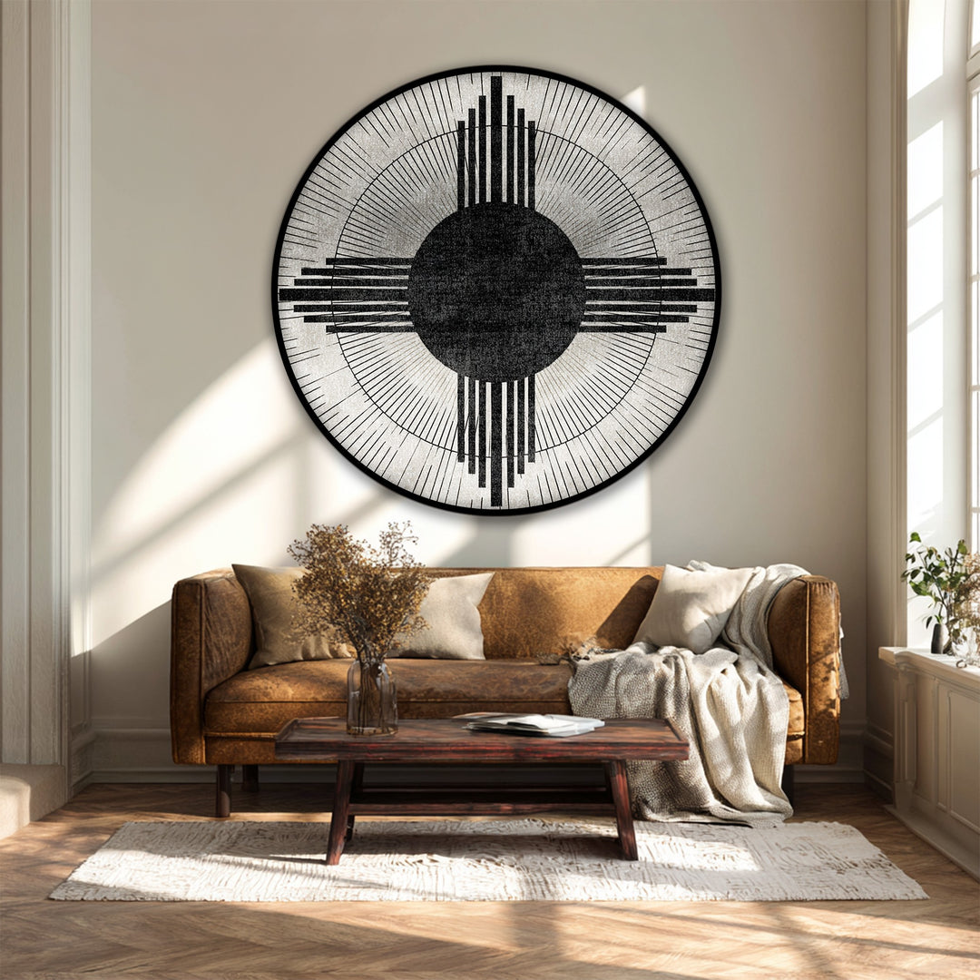 Highlighting the organic forms, the minimalist wall art features a circular sunburst design, a modern geometric canvas wall art, adding depth with its clean, abstract lines.