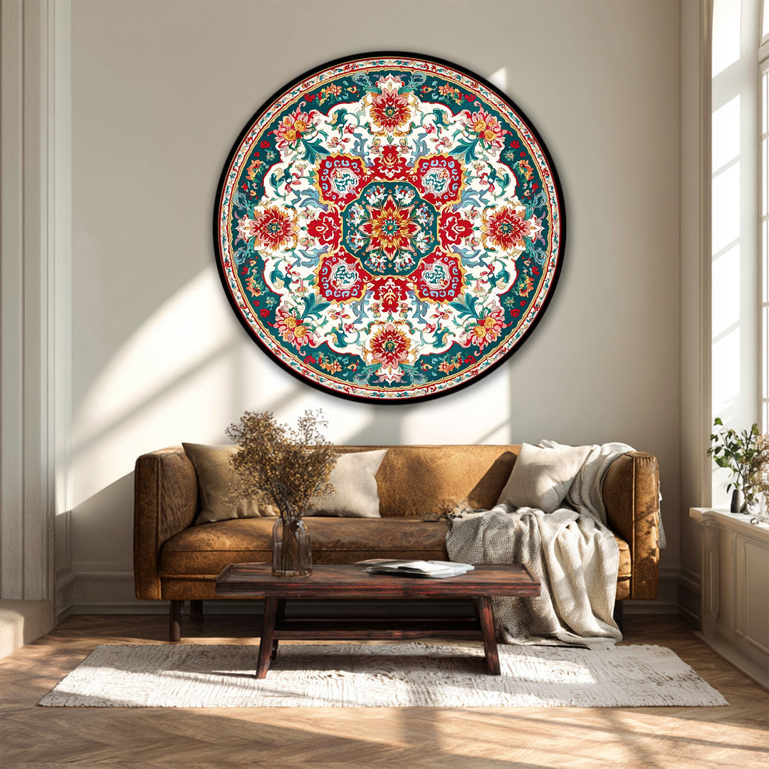 Ornate Floral Medallion Round Canvas Print – Vintage Pattern Wall Art