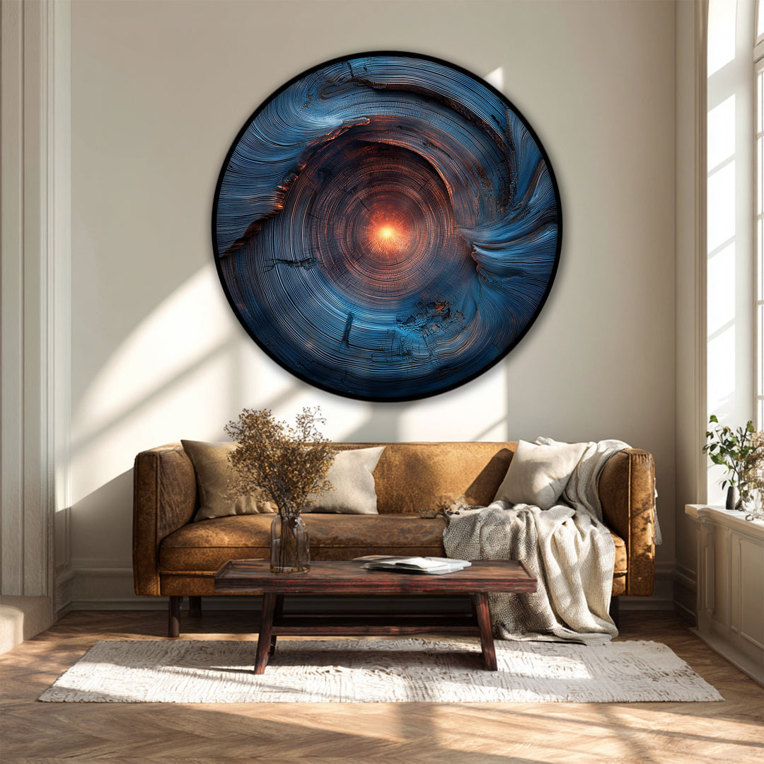 Horizontal round canvas wall decor print presents a radiant abstract design, creating modern energy wall art with its captivating orientation.