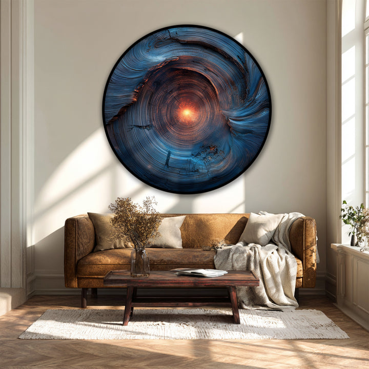 Horizontal round canvas wall decor print presents a radiant abstract design, creating modern energy wall art with its captivating orientation.