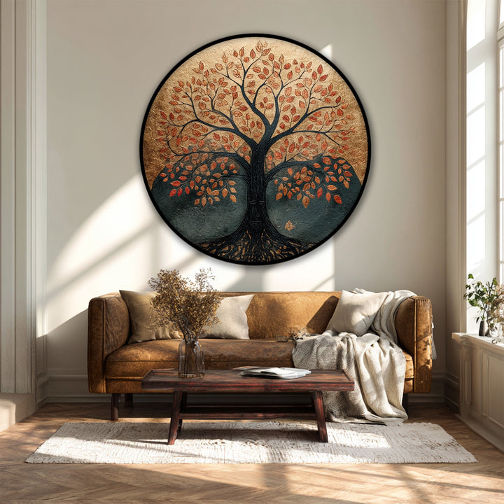 Visual rhythm is created by the circular 'Autumn Tree of Life' hanging canvas, with its repetitive, organic leaf patterns lending a comforting sense of nature's cadence.