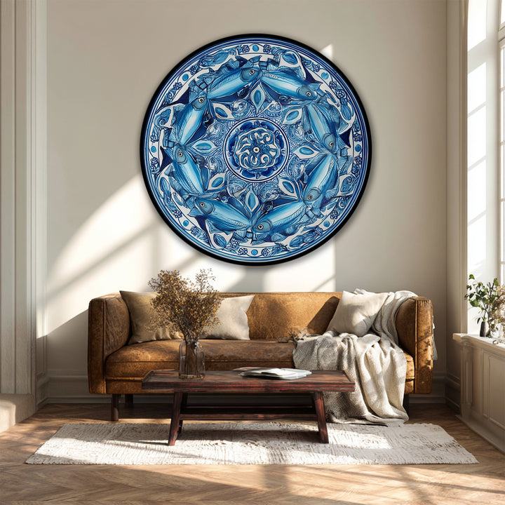 Foreground view of the inviting living space with a high quality canvas prints, showcasing the captivating Blue Fish Mandala round canvas print.