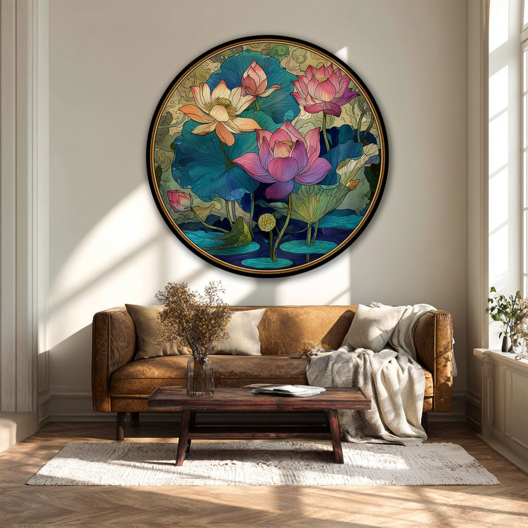 The creamy-colored wall provides a serene background for the ornamental lotus garden unique canvas print, enhancing its visual appeal and floral art details.