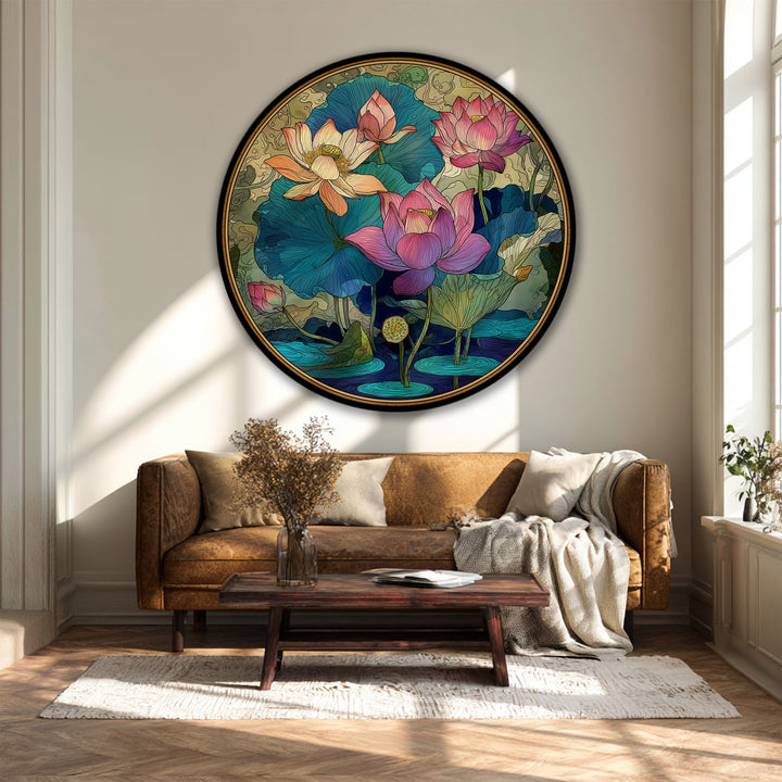 The creamy-colored wall provides a serene background for the ornamental lotus garden unique canvas print, enhancing its visual appeal and floral art details.