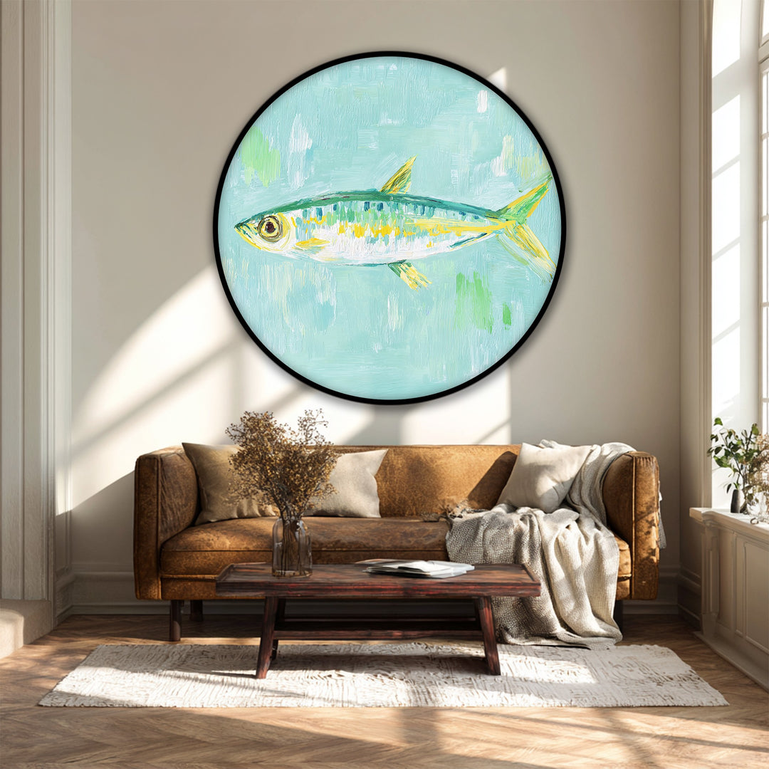Highlighting the layering effect, this pastel fish painting on round canvas exemplifies best canvas prints, adding depth to coastal minimal wall art.