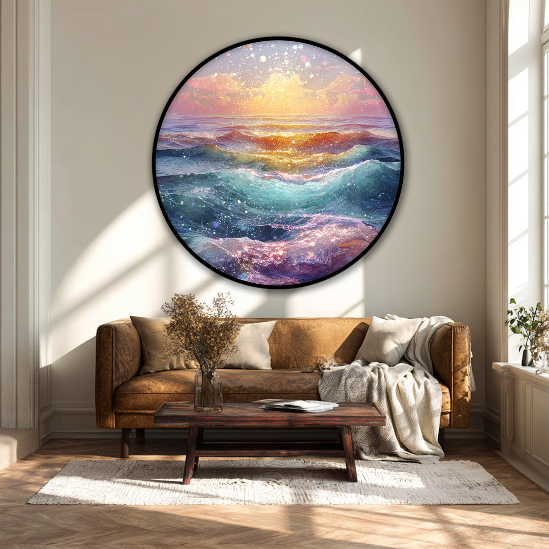 Golden Dream Waves Round Canvas Print – Radiant Ocean Sunset Wall Art