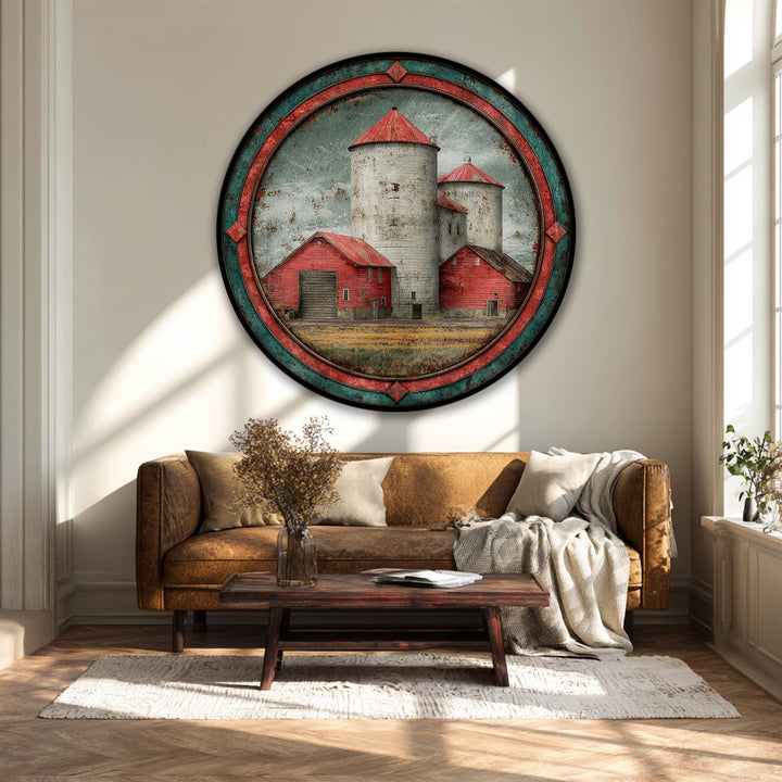Nostalgic mood created by this vintage farm wall art featuring a rustic red barn and silos landscape round canvas painting print.