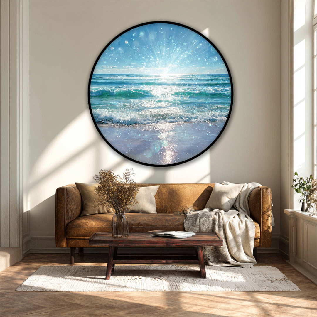 Radiant Ocean Light Burst Round Canvas Print – Sparkling Seaside Wall Art