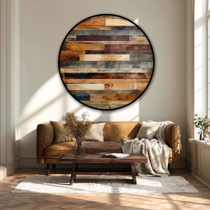 Displaying its abstract quality, this rustic wood panel texture round canvas wall art presents a segmented design of natural wooden tones.