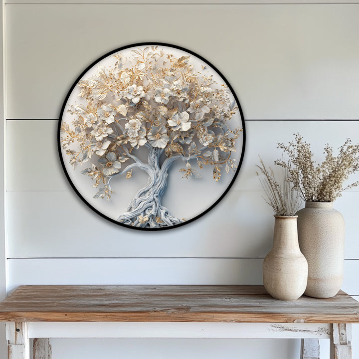 Brightest in the golden leaves and white blossoms, this golden blossom tree round canvas art prints offers an elegant nature-inspired piece.