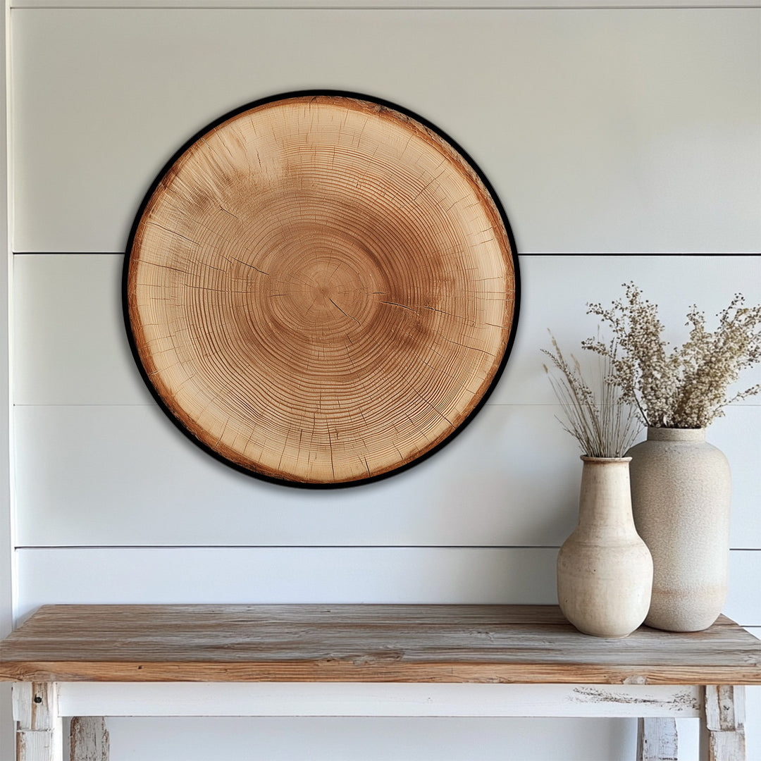 The concentric growth rings of the rustic tree trunk form a captivating natural spiral in this unique canvas print wall art.