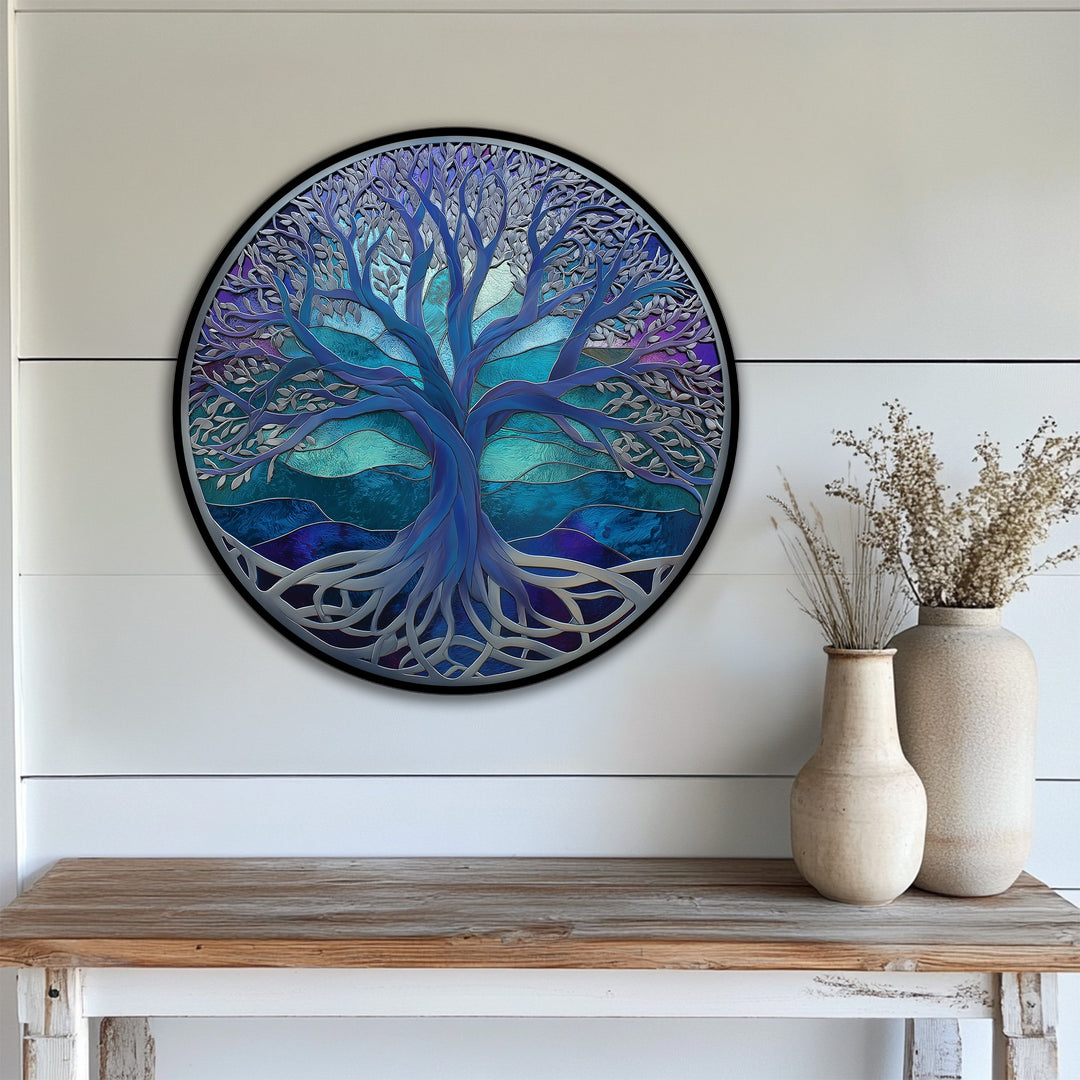 Dominating the scene is a Mystic Blue Tree of Life round framed canvas print, a stunning abstract nature wall art piece.