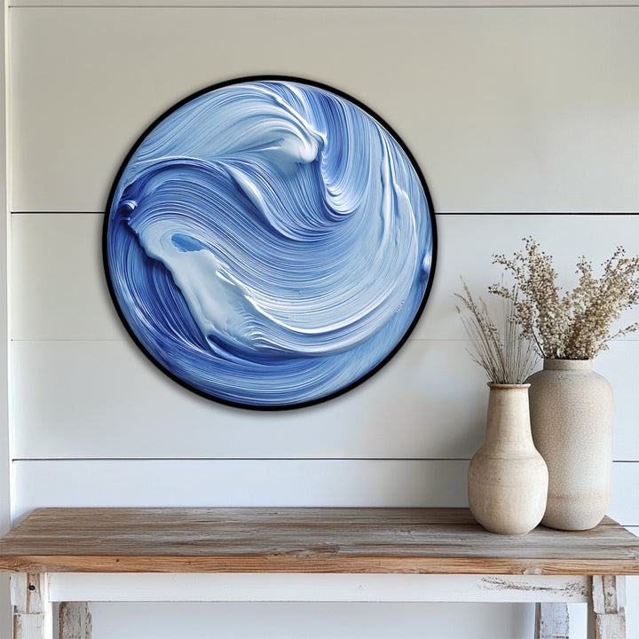 Detailed surface texture is visible in this ocean flow blue abstract round canvas art print, showcasing the fluid brushstrokes of modern wave canvas art.