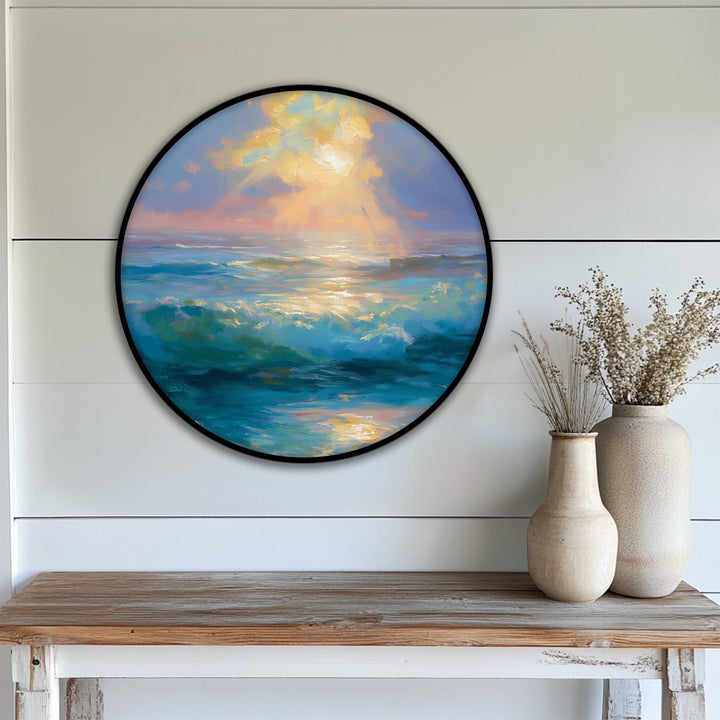 Showing the realistic detail, golden sunlight dramatically illuminates turquoise ocean waves in this round canvas print, creating one of the best canvas prints of a serene ocean sunrise.