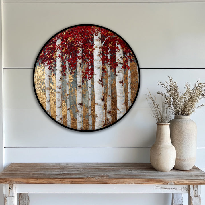 The organic forms of the red-leaved trees and golden accents define this big canvas prints of a golden birch forest round canvas print.