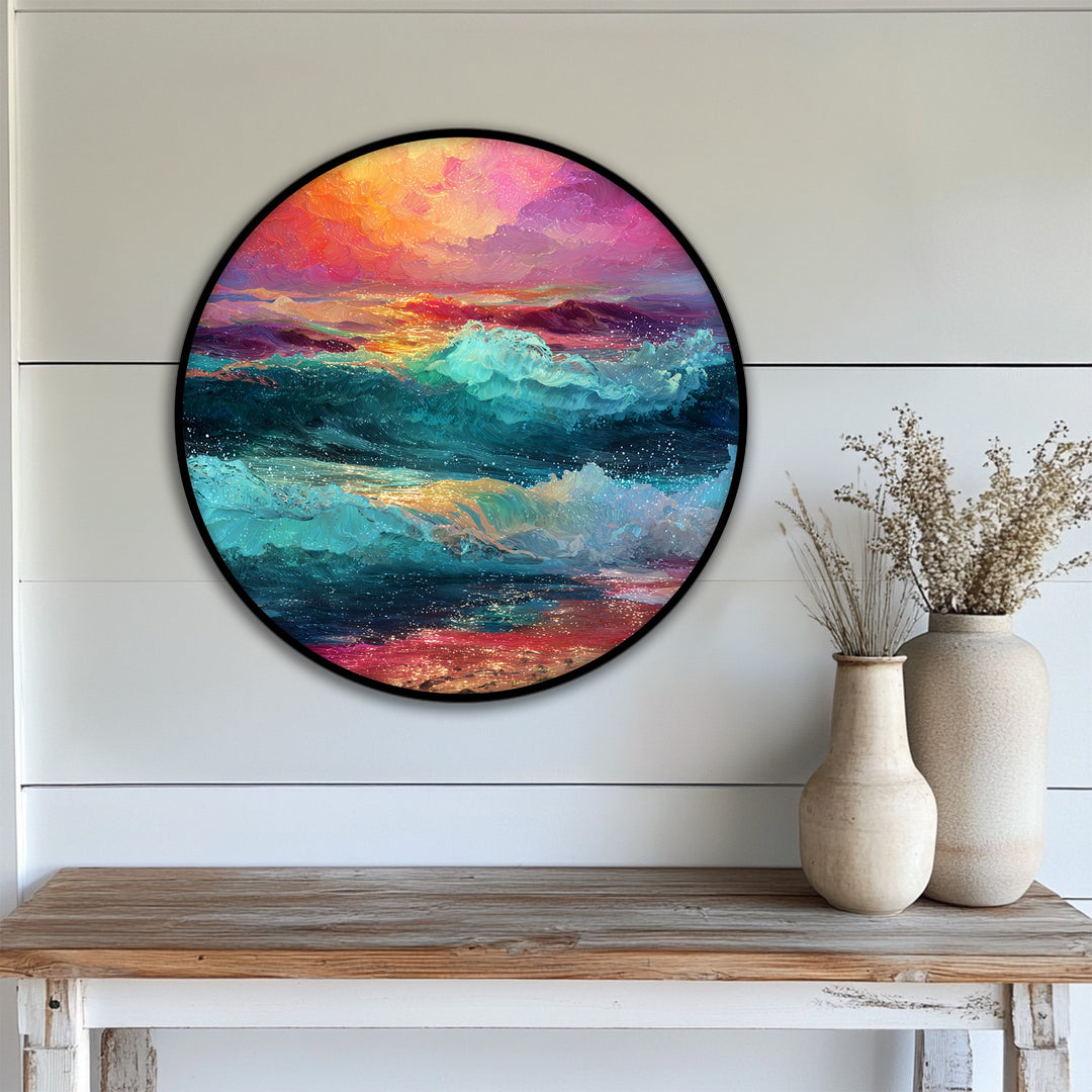 Finished with impeccable detail, this vivid sunset waves round canvas print showcases premium canvas decor with a colorful ocean scene.