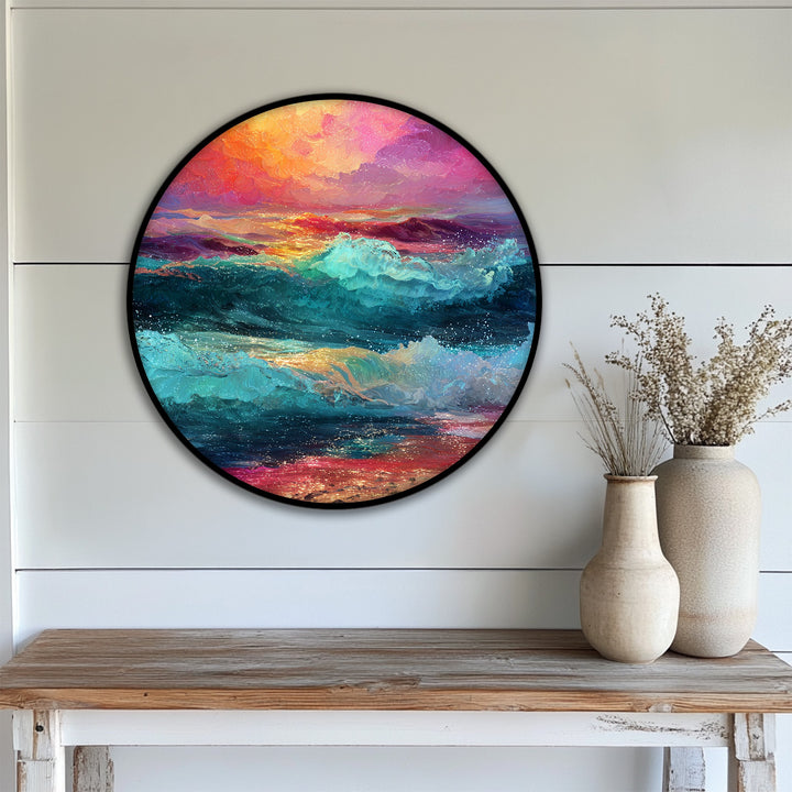 Finished with impeccable detail, this vivid sunset waves round canvas print showcases premium canvas decor with a colorful ocean scene.